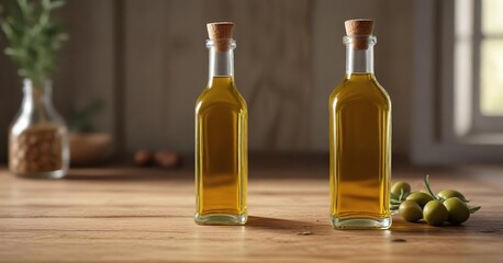 Clear glass bottle filled with golden olive oil on a wooden table , oil, clear bottle, food