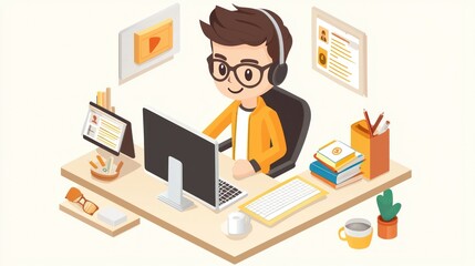 A young person wearing glasses and headphones sits at a desk with a computer, surrounded by books and stationery in a bright, organized workspace.