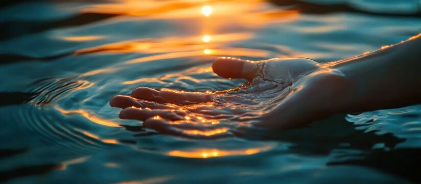Reaching Hand Over Holy Water at Sunset for Baptism and Salvation