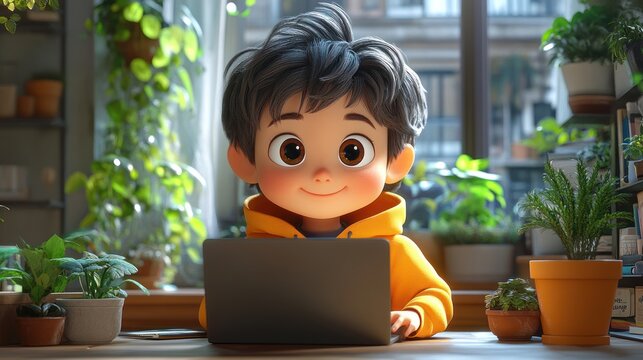 Young Asian Programmer in Yellow Hoodie Working on Laptop in Cozy Workspace with Potted Plants and Natural Lighting
