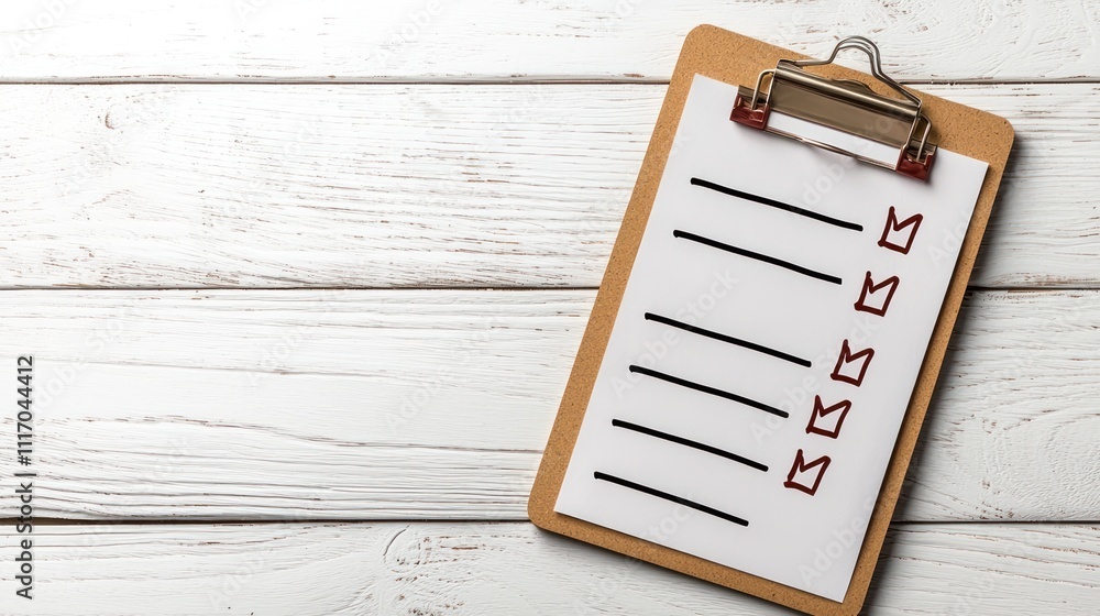 Aufkleber A clipboard with a checklist on a rustic wooden surface, featuring empty lines and checked boxes, symbolizing organization and task management.