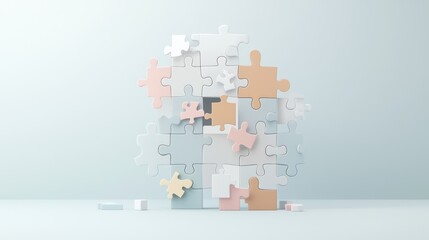 Fototapeta premium A colorful puzzle piece arrangement against a minimalist background, symbolizing problem-solving and creativity.