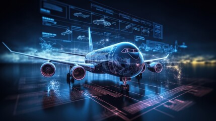 Airplane and tech visualization emphasizing integration of AI, smart sensors, and real-time data in aviation