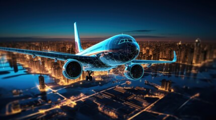 Airplane and tech visualization emphasizing integration of AI, smart sensors, and real-time data in aviation
