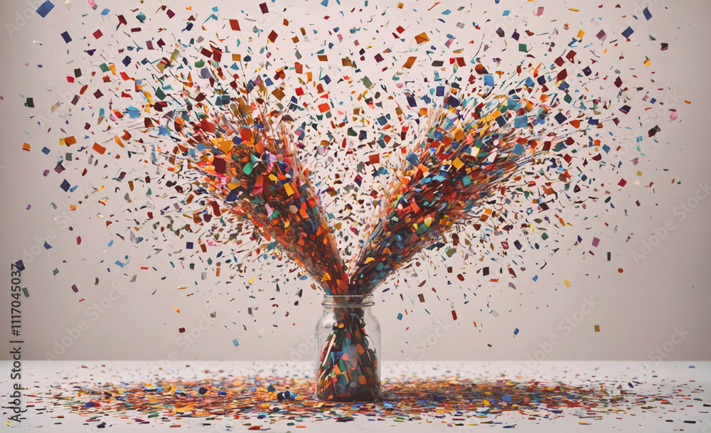 Poster jar filled with colorful confetti. the confetti is scattered all over the table