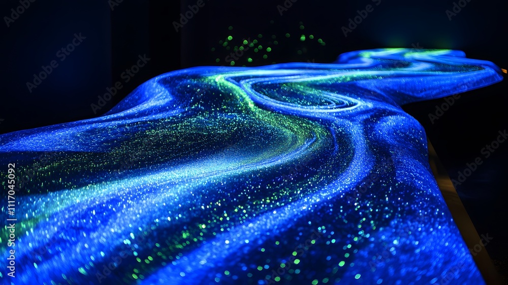 Aufkleber luminous trails: glowing blue and green trails form intricate paths and curves, with small, shimmeri