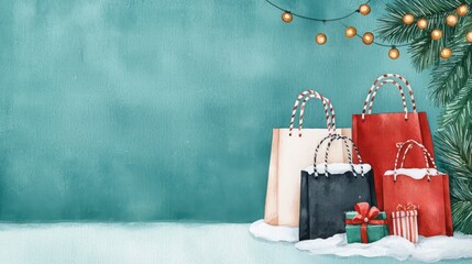 Watercolor Black Friday Promotion, Festive shopping scene with colorful bags, holiday gifts, and a cheerful backdrop to celebrate the season.