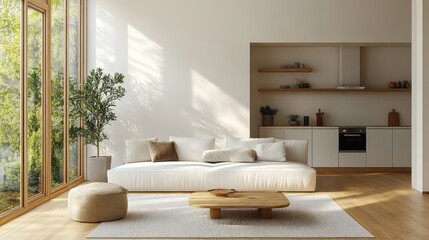 Fototapeta premium Bright and Airy Minimalist Living Room with White Sofa and Wooden Coffee Table in Scandinavian Design Style