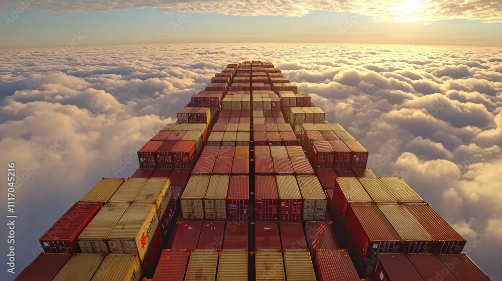 Poster a cargo ship filled with colorful containers floats above a sea of clouds during sunset, creating a 
