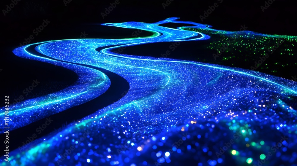 Aufkleber luminous trails: glowing blue and green trails form intricate paths and curves, with small, shimmeri