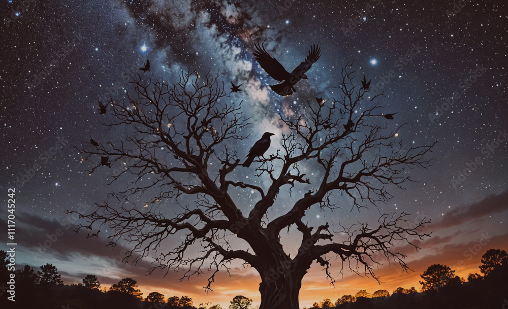 Aufkleber Tree with a group of birds perched on its branches. The sky is dark, and the stars are visible in the background. The birds are flying around the tree, creating a sense of movement