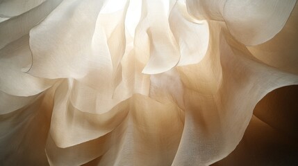 Layers of flowing beige gauze cascade gracefully, forming an immersive installation that invites visitors to experience its delicate texture and ethereal beauty in a tranquil setting