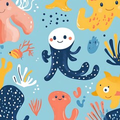 Happy Ocean Creatures Swim In Blue Water