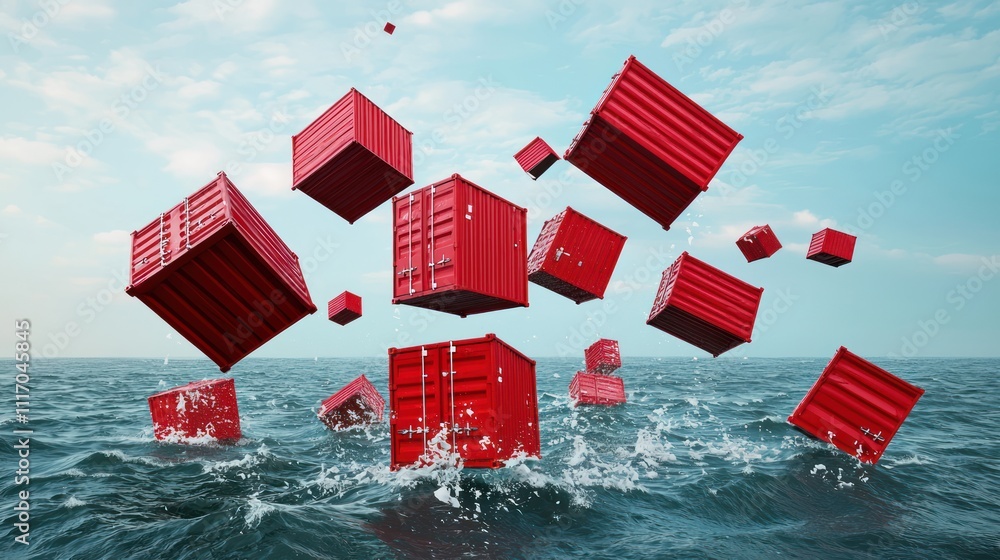 Poster a surreal scene of red shipping containers floating above the ocean, creating a striking visual agai