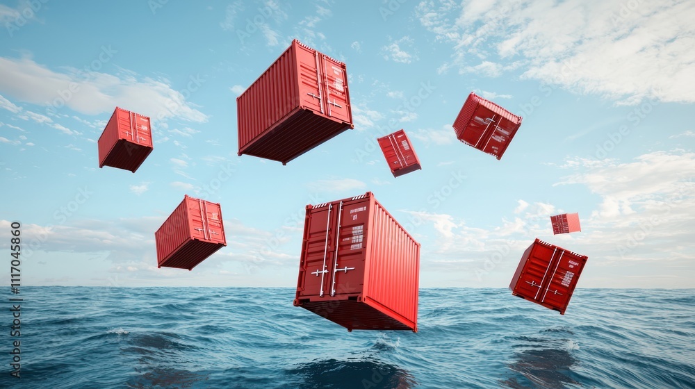 Poster red shipping containers float above the ocean, creating a surreal maritime scene under a blue sky wi