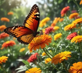 Colorful butterfly settles on a sunny marigold in a garden, sunny garden, flowers in garden, warm sunlight