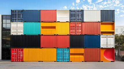 Fototapeta premium A vibrant arrangement of shipping containers stacked artistically, showcasing a variety of colors against a clear sky.
