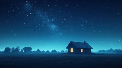 Silhouette of a Rustic Hut in the Desert under a Starry Sky with a Bright Comet