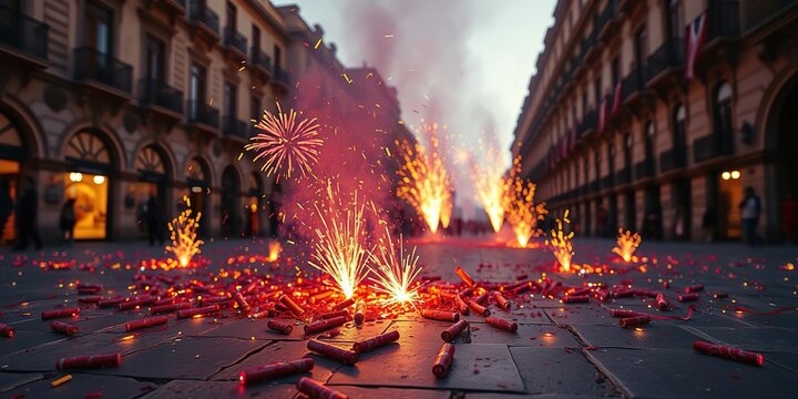 Colorful firecrackers scattered on the ground during a celebration in Valencian town square, celebration, noise pollution