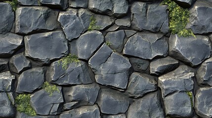 Fototapeta premium Seamless texture of dark gray stone wall with small green plants growing in the crevices.
