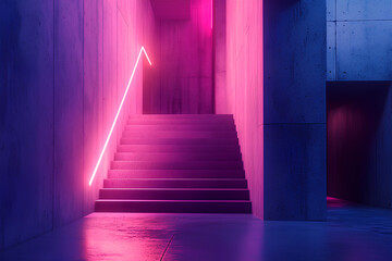 Fototapeta premium A mysterious, neon-lit staircase descending into darkness, with a strong focus on the interplay of light and shadow.