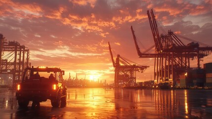 Fototapeta premium A sunset casts vibrant colors over a port, highlighting cranes and machinery, with a vehicle in the foreground reflecting the warm tones of dusk.