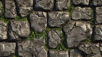Fototapeta premium Seamless texture of dark stone pavement with cracks and small green plants growing in between.