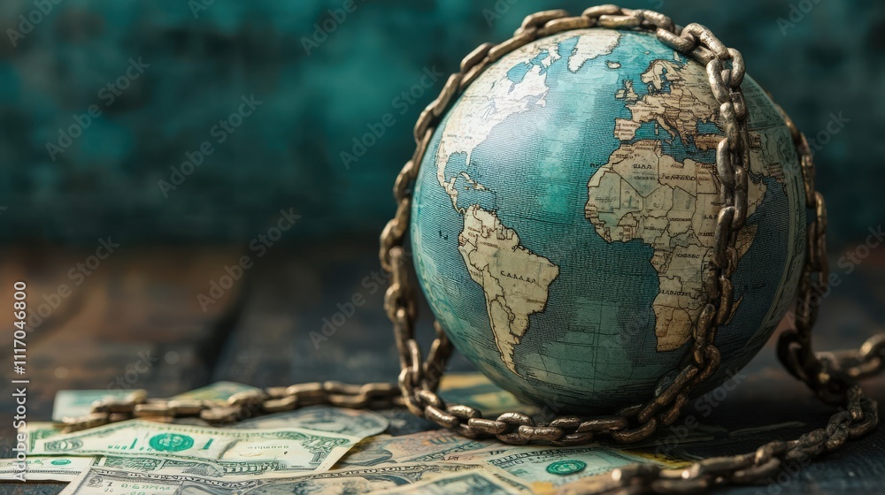 Poster Globe Bound by Chains with Currency in View, Symbolizing Economic Challenges and Global Debt in a Conceptual Representation of Financial Struggles and Dependencies
