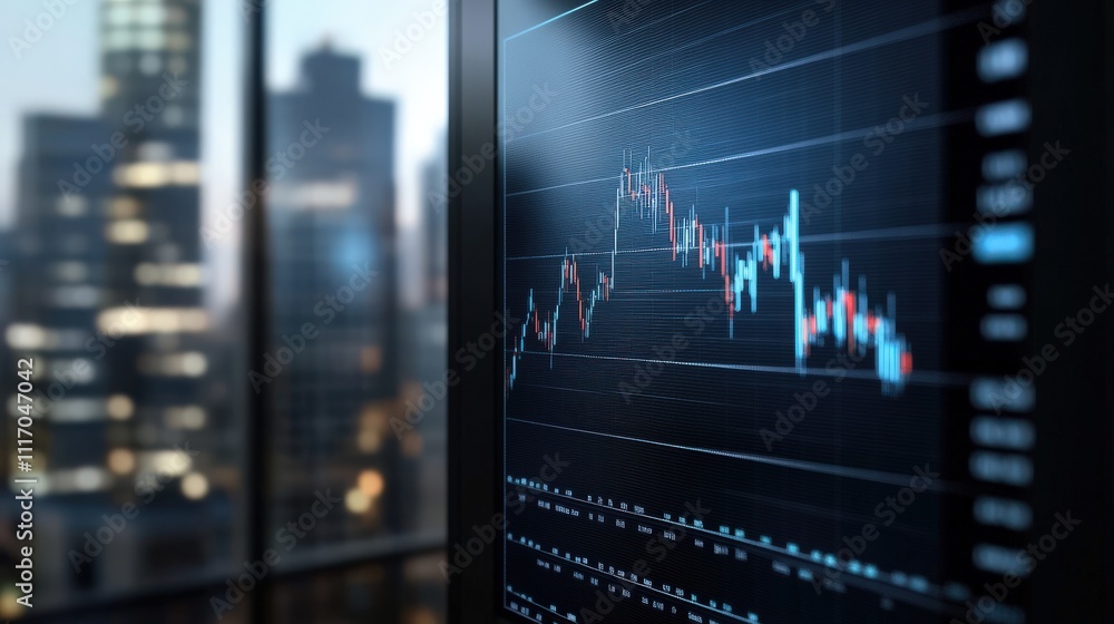 Poster Modern Stock Market Analysis with Digital Graphs in Urban Office Setting at Dusk- Financial Data Trends and Market Performance Displayed on Screen