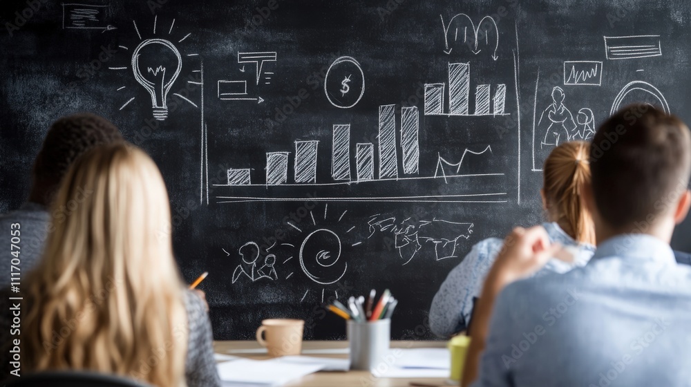 Poster engaging classroom scene with diverse students focusing on business concepts and charts illustrated 