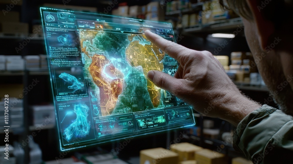 Poster a person interacts with a holographic map display, highlighting geographic data, amidst a storage ar