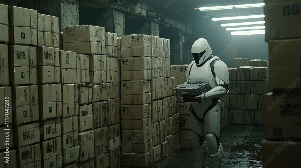 Poster a humanoid robot navigates through a dimly lit warehouse filled with stacked cardboard boxes, creati