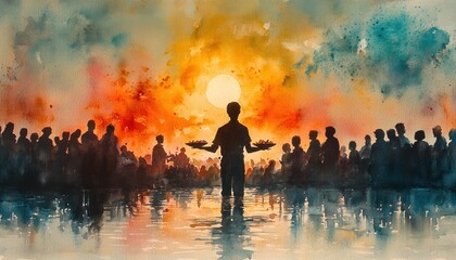 Fototapeta premium Jesus Christ Feeds the 5000 Miracle of Sharing Bread and Fish Community Abundance Gratitude Faith Compassion