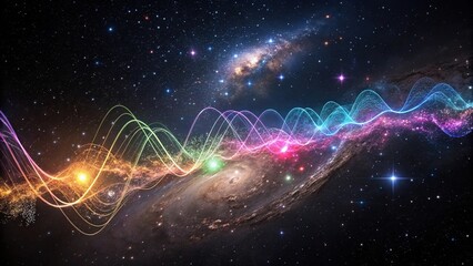 Obraz premium Colorful musical frequencies represented as shimmering lights in space, colorful lights, sound waves, space