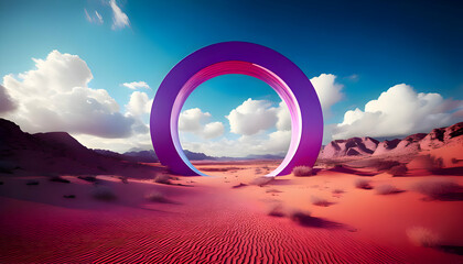 Abstract Surreal desert landscape with white clouds going into the purple circle portals