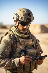 Fototapeta premium Augmented reality systems integrated into military communication, enhancing soldier situational awareness in desert operations