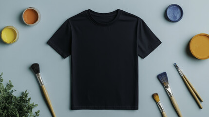 Black t shirt surrounded by paintbrushes and paint containers on blue background. scene conveys creative and artistic vibe, perfect for DIY projects