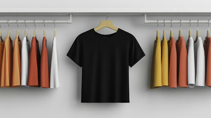 black t shirt displayed on hanger surrounded by colorful shirts. arrangement showcases variety of colors, creating vibrant and stylish atmosphere