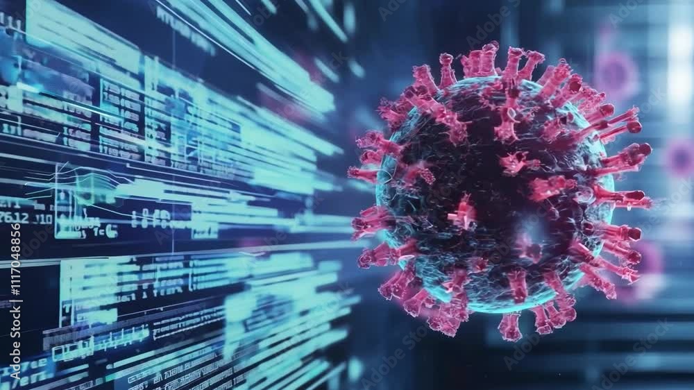 Poster visual representation of virus structure amidst digital data streams illustrating advanced ai techno