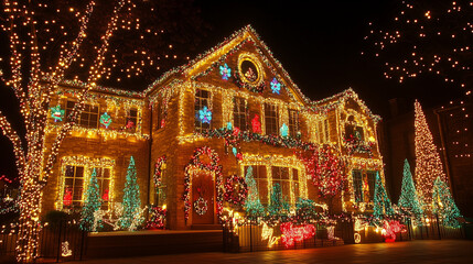 Naklejka premium Extravagant Christmas Light Display on Historic Brick Building with Festive Trees