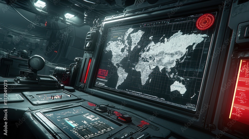 Poster a futuristic control room featuring a digital map of the world, illuminated by ambient lighting and 