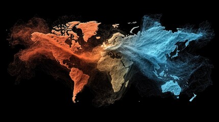 A vibrant, abstract representation of a world map, blending warm and cool colors to symbolize contrasting elements, set against a black background.