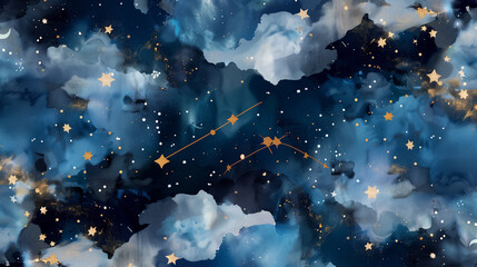 Seamless night sky pattern with gold foil constellations and stars, soft watercolor clouds in rich midnight hues, creating a dreamy celestial look