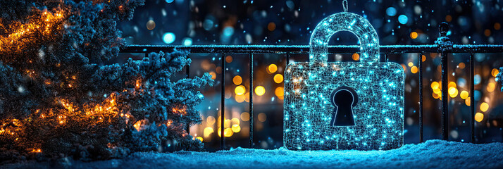 Large Digital Lock as Outdoor Christmas Winter Decoration - Holiday Cybersecurity Background