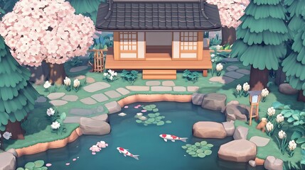 Serene Japanese garden with koi pond, stone path, and traditional teahouse nestled amongst cherry blossoms and evergreens.