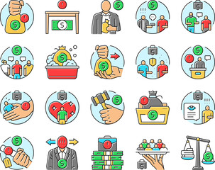 corruption money business cash icons set vector. bribery hand, deal payment, anti, pay crime, businessman bribe, give illegal finance corruption money business cash color line illustrations