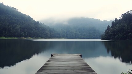 Serene lake view with wooden dock extending into calm water, misty mountains in background.