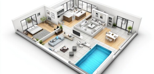 Fototapeta premium Detailed 3D floor plan in isometric view of a house with kitchen, pool, and bedrooms.