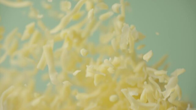 Heap grated cheddar cheese flying in slow motion close up. Shredded yellow parmesan cheese falling in macro. Ungraded raw ProRes footage for grading