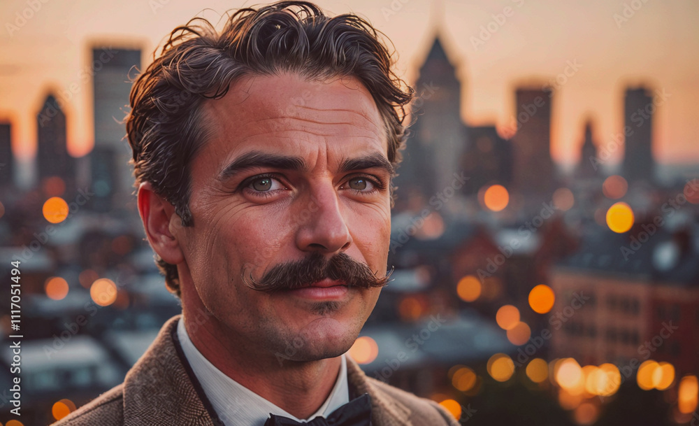 Poster Man with a mustache and a tie is standing in front of a city. He is looking at the camera